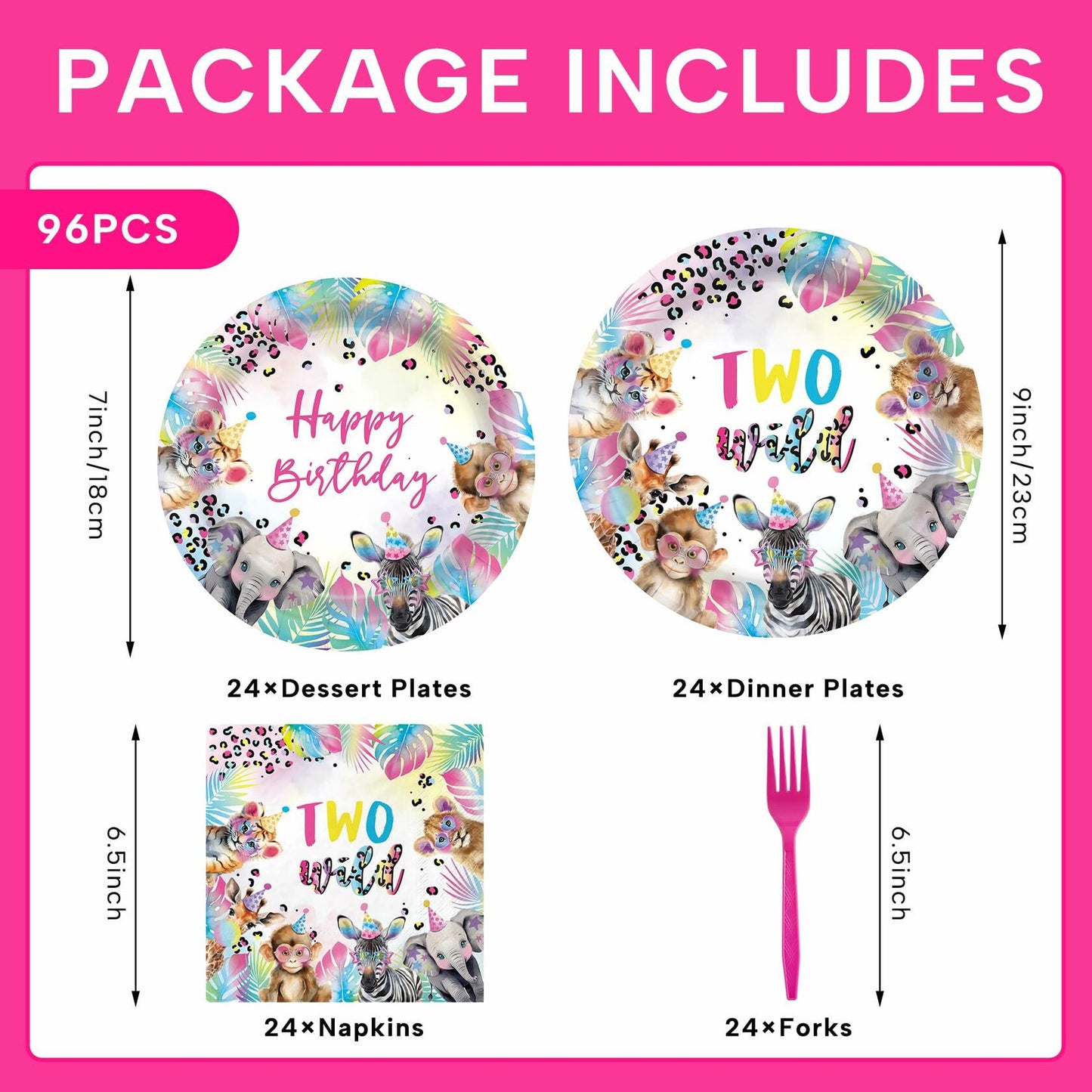 JINHUPANDER Two Wild Birthday Plates & Napkins Safari Animal 96pcs Set Serves 24