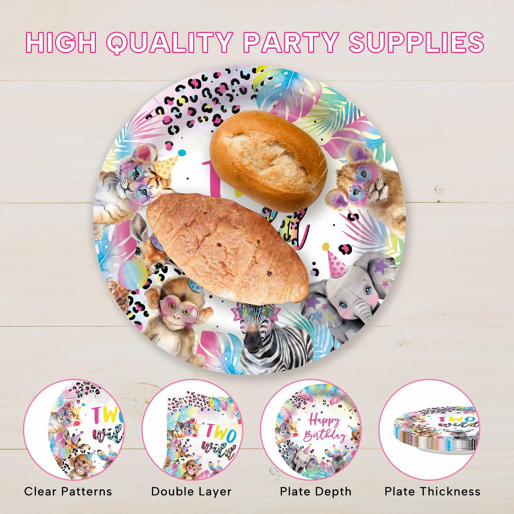 JINHUPANDER Two Wild Birthday Plates & Napkins Safari Animal 96pcs Set Serves 24