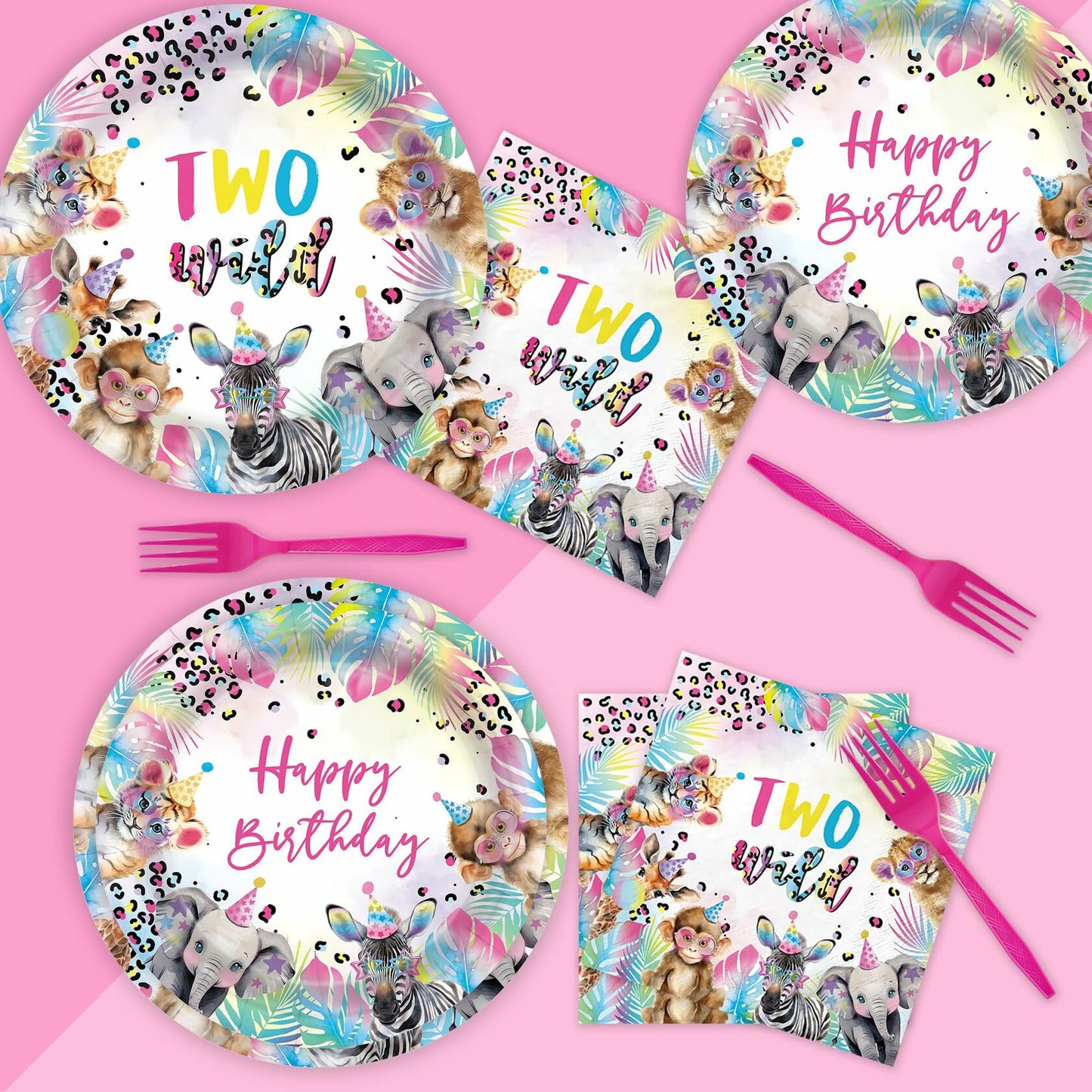 JINHUPANDER Two Wild Birthday Plates & Napkins Safari Animal 96pcs Set Serves 24