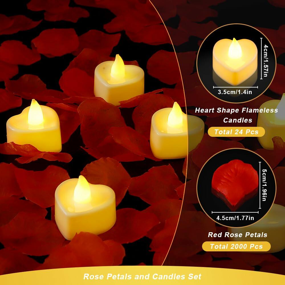 [Acceptable] Ardusnpe 2000 Pcs Red Artificial Rose Petals with 24 White Heart LED Candles