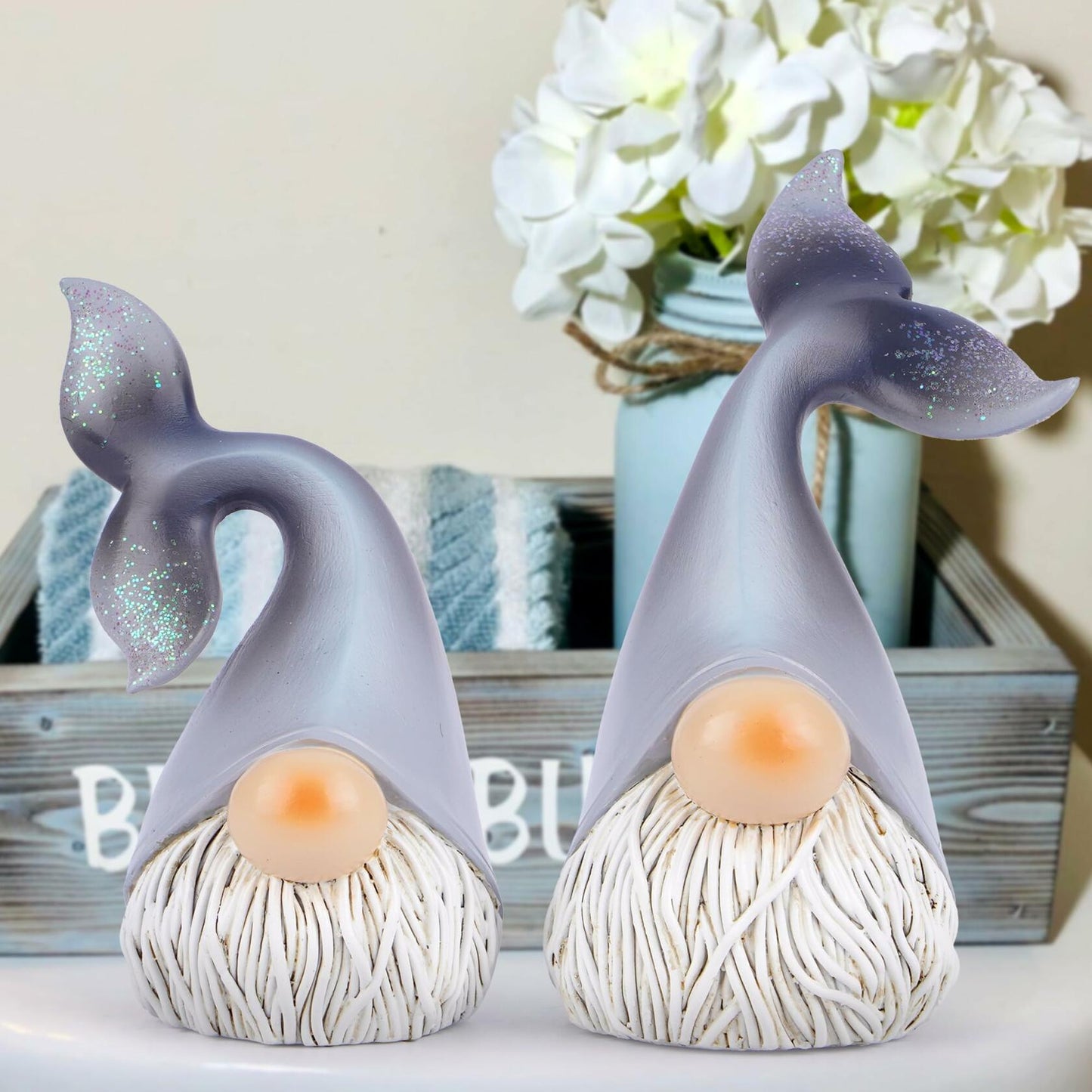 Hodao 2 Set Summer Ocean Gnome Resin Figurines Mermaid Grey Scandinavian