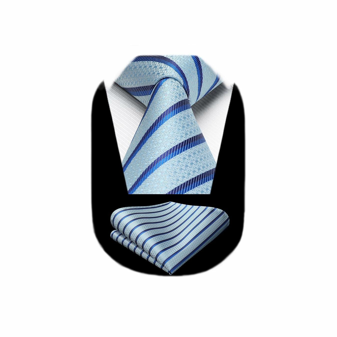 HISDERN Mens Silk Striped Necktie & Handkerchief Set Light Green Size 8.5cm