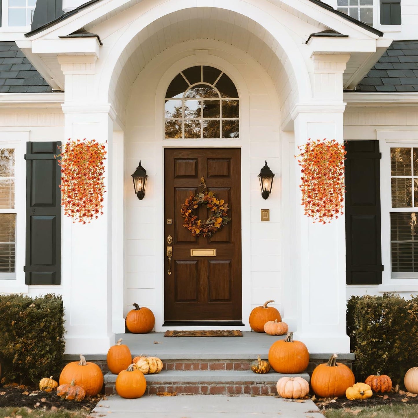 INQCMY Faux Mums Silk Flowers with Autumn Leaves Orange Red 2PCS Outdoor Decor