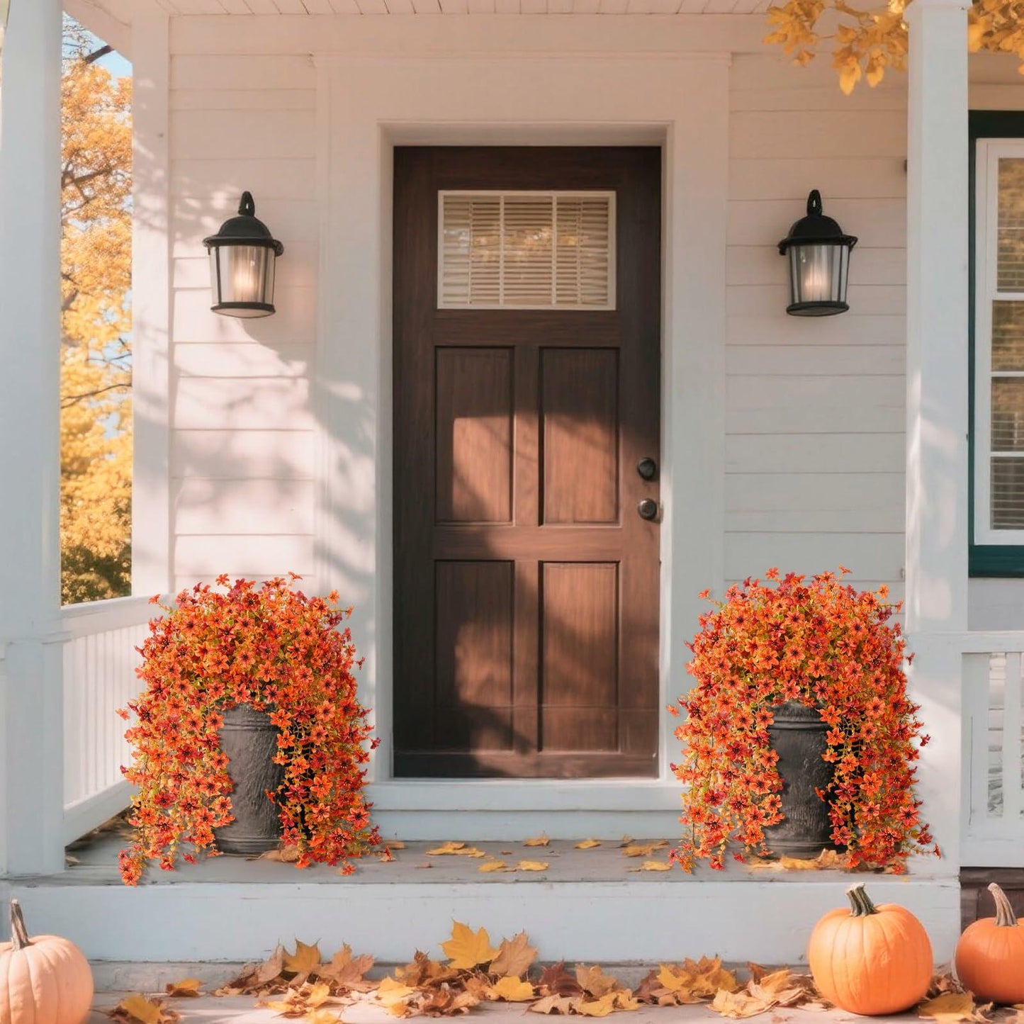 INQCMY Faux Mums Silk Flowers with Autumn Leaves Orange Red 2PCS Outdoor Decor
