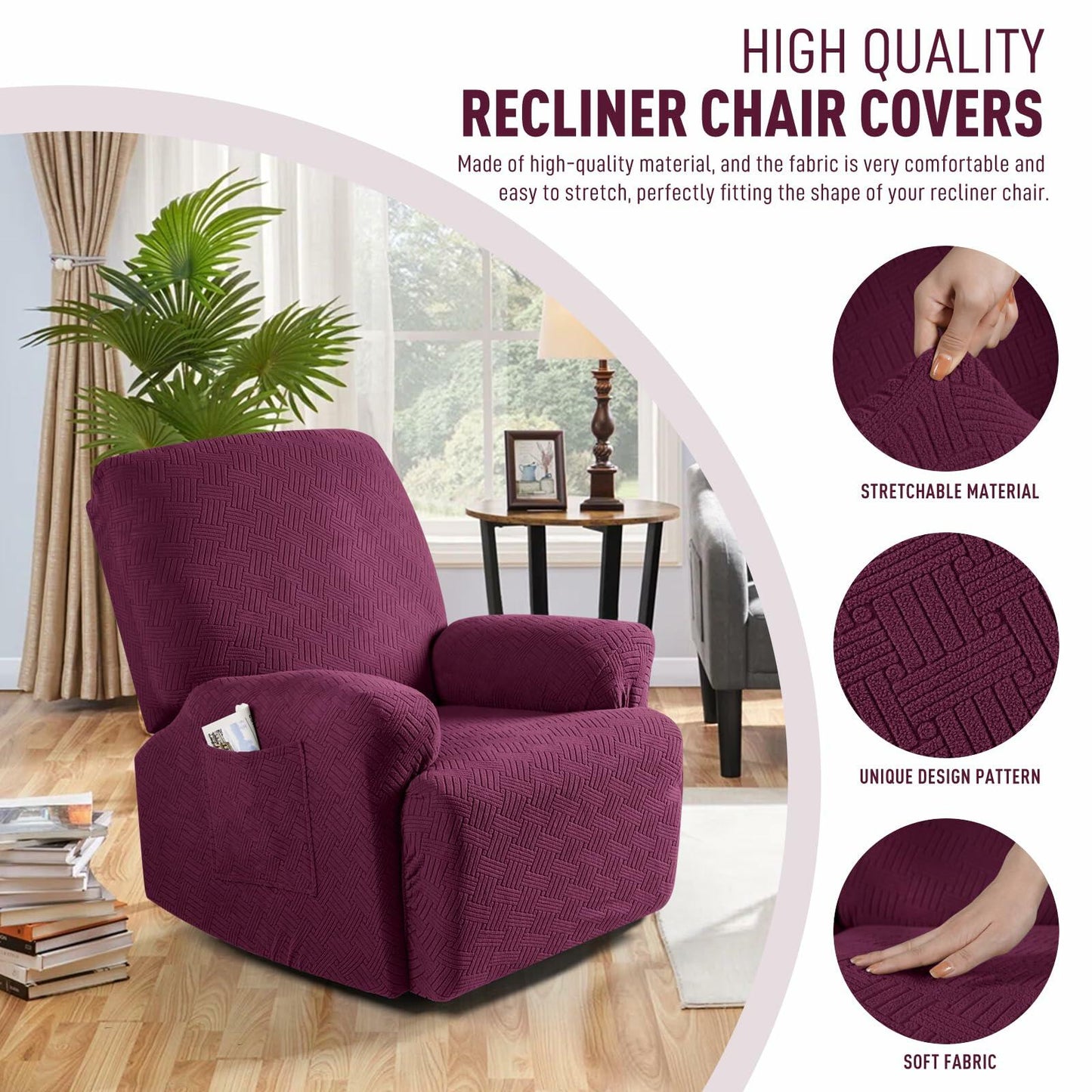 KinCam Recliner Cover Stretch Stripe Jacquard Burgundy XL Size