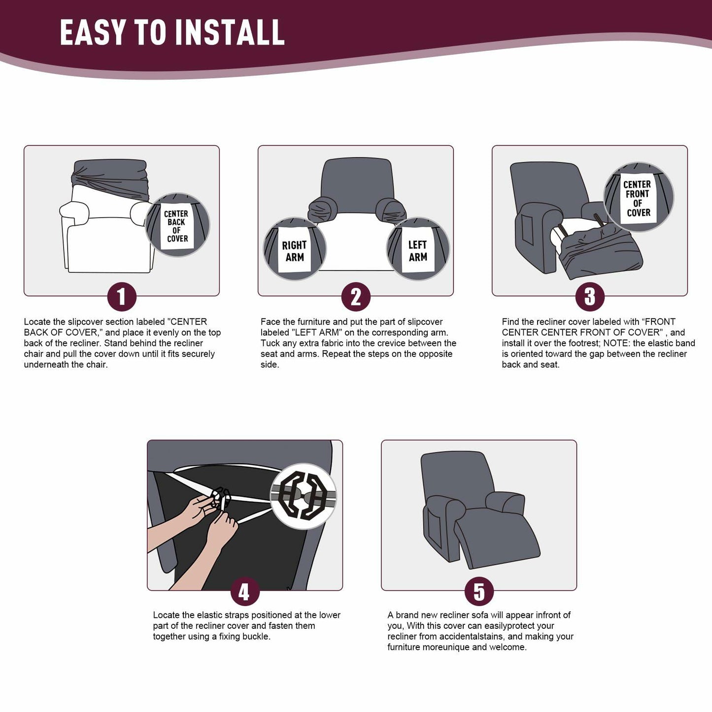 KinCam Recliner Cover Stretch Stripe Jacquard Burgundy XL Size