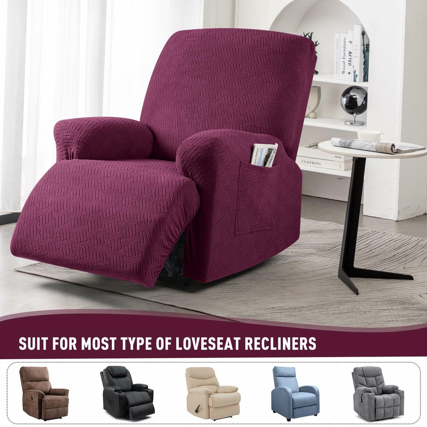 KinCam Recliner Cover Stretch Stripe Jacquard Burgundy XL Size