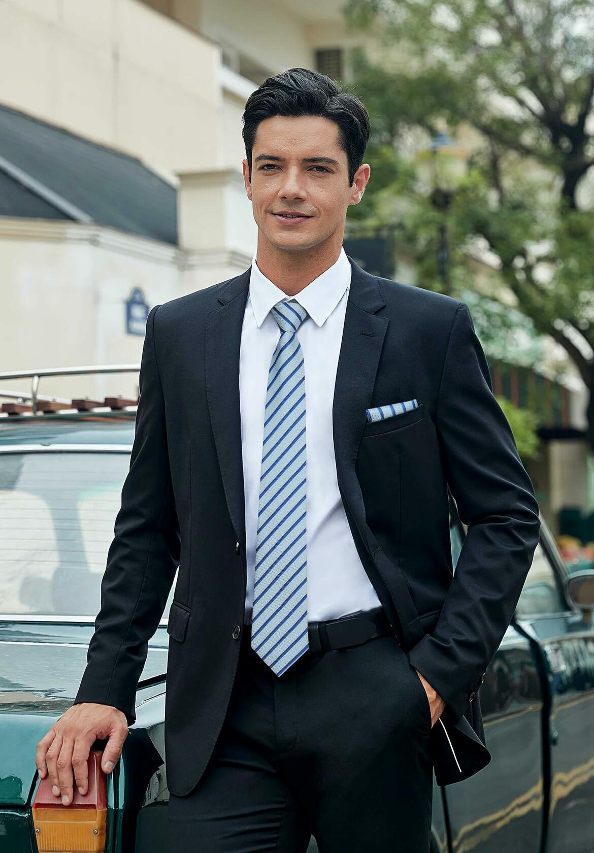 HISDERN Mens Silk Striped Necktie & Handkerchief Set Light Green Size 8.5cm