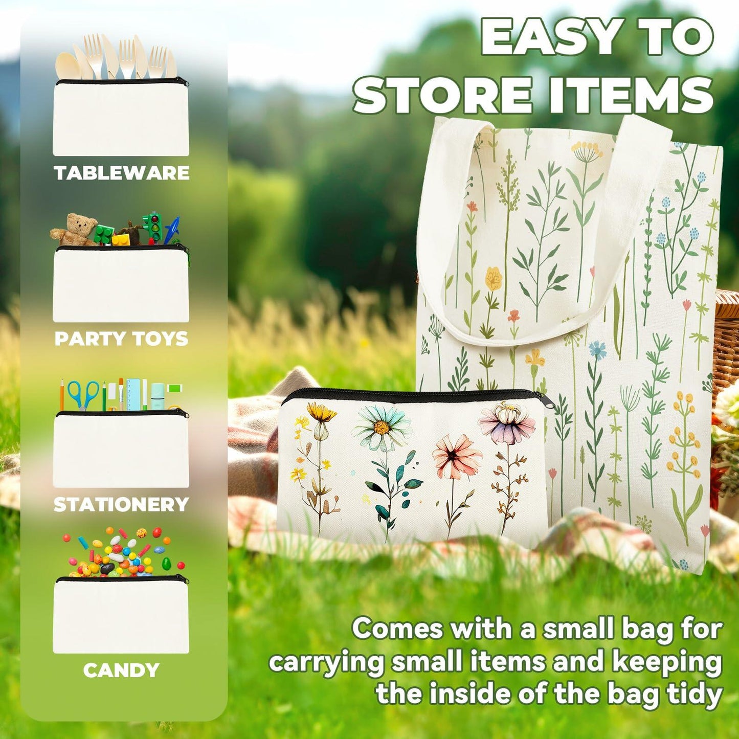 Amylove 24pcs Mini Canvas Tote Bags with Zipper 8x10in Natural Color Blank Set