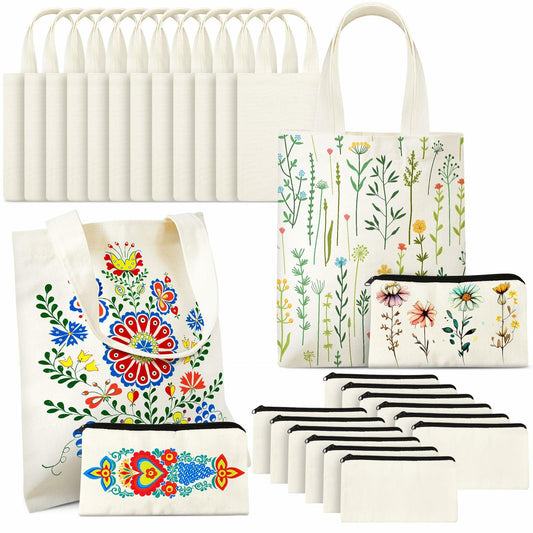 Amylove 24pcs Mini Canvas Tote Bags with Zipper 8x10in Natural Color Blank Set