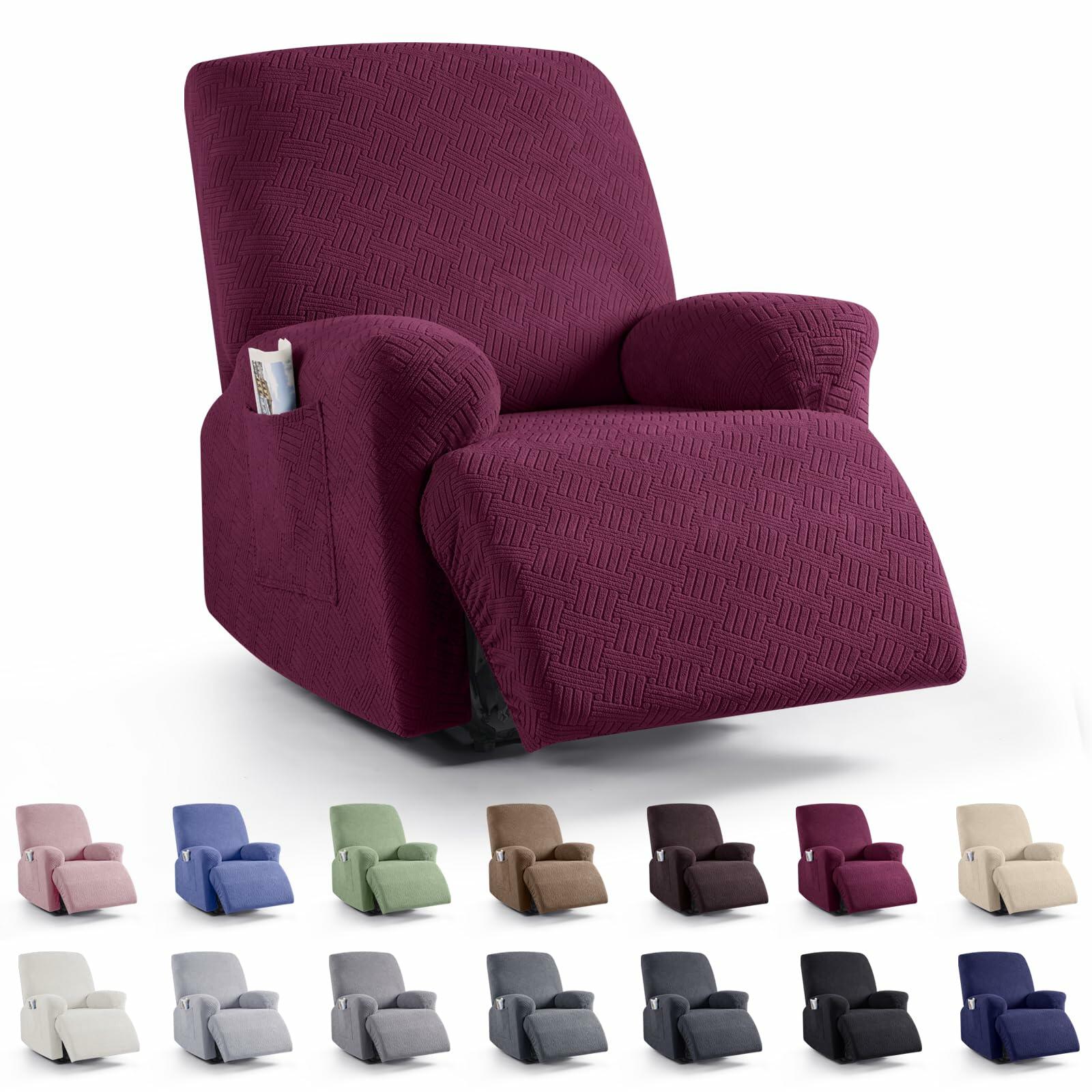 KinCam Recliner Cover Stretch Stripe Jacquard Burgundy XL Size