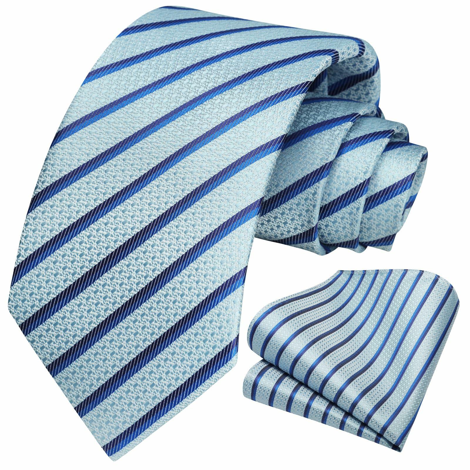 HISDERN Mens Silk Striped Necktie & Handkerchief Set Light Green Size 8.5cm