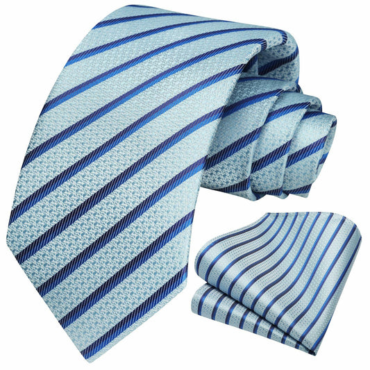 HISDERN Mens Silk Striped Necktie & Handkerchief Set Light Green Size 8.5cm