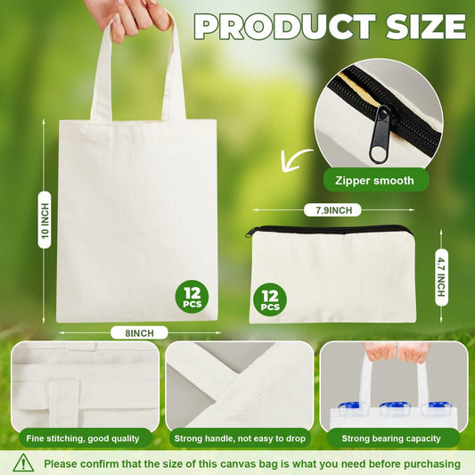 Amylove 24pcs Mini Canvas Tote Bags with Zipper 8x10in Natural Color Blank Set