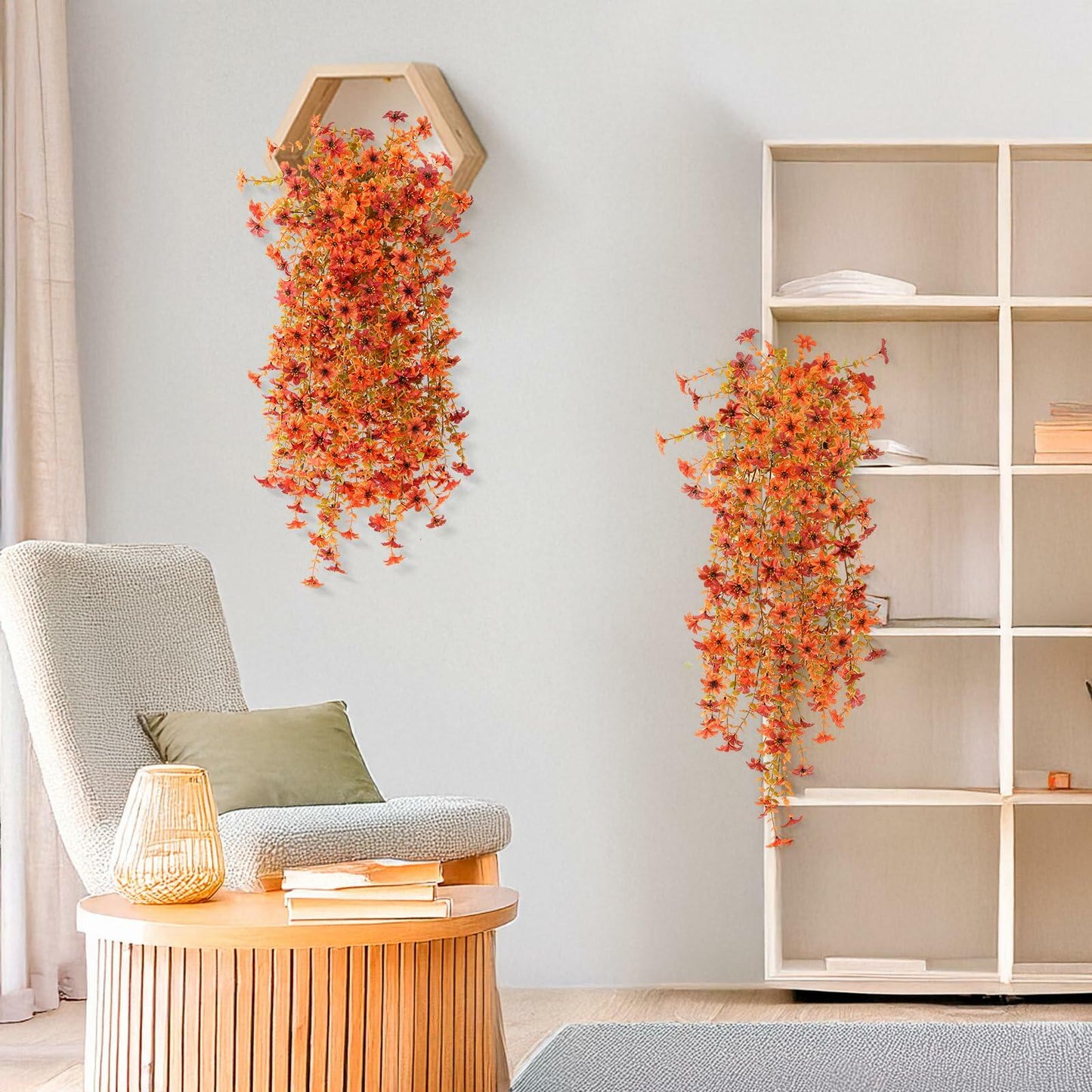 INQCMY Faux Mums Silk Flowers with Autumn Leaves Orange Red 2PCS Outdoor Decor