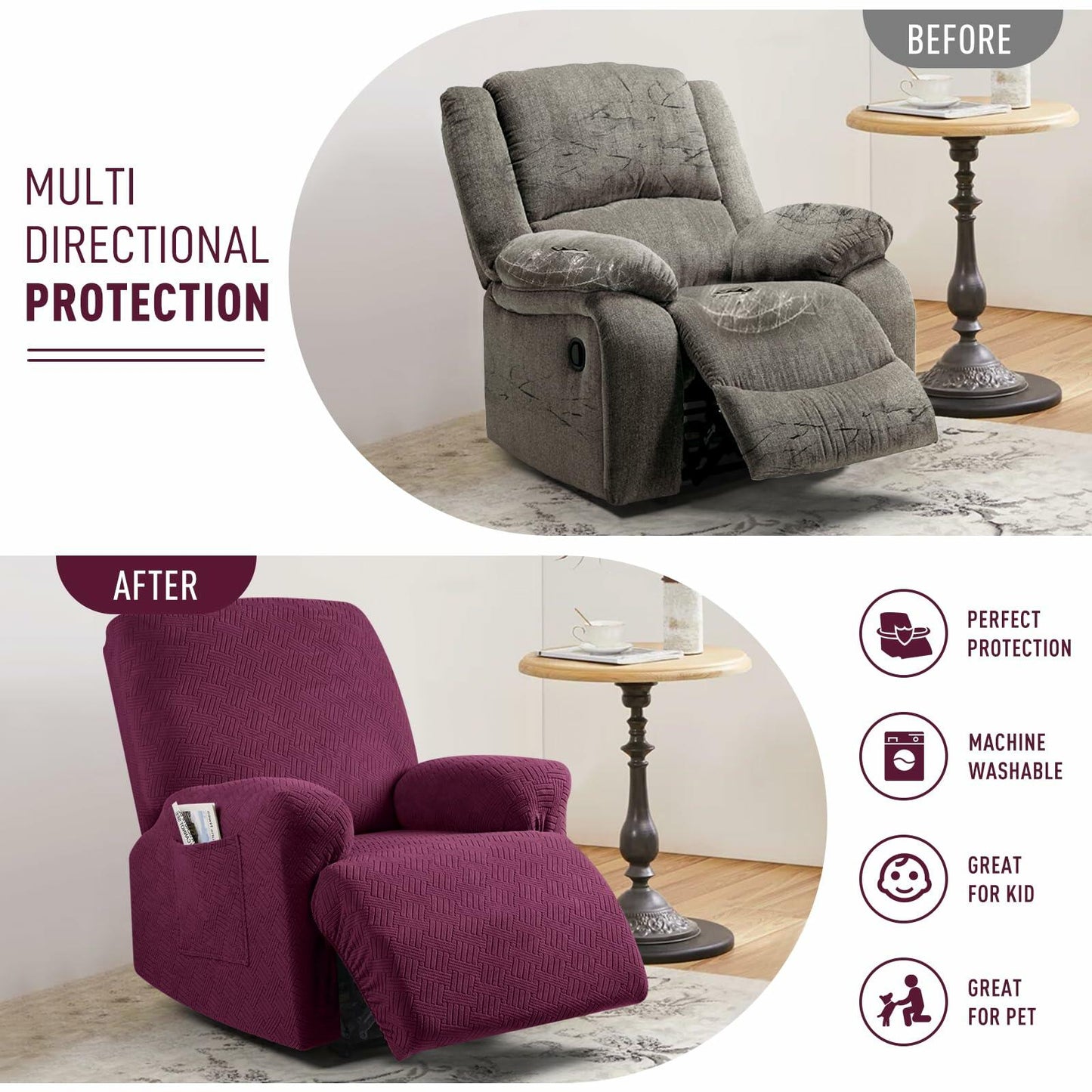 KinCam Recliner Cover Stretch Stripe Jacquard Burgundy XL Size