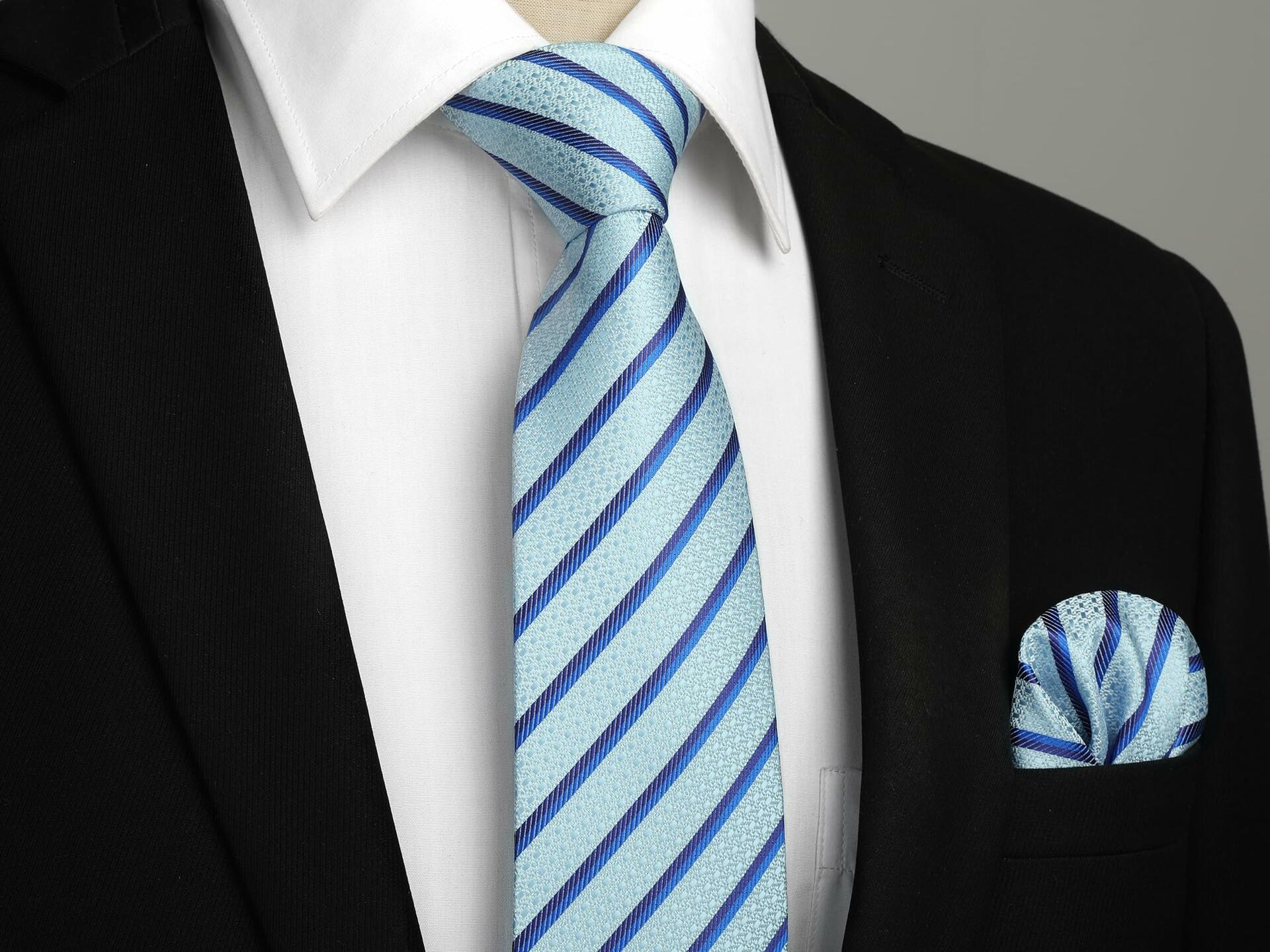 HISDERN Mens Silk Striped Necktie & Handkerchief Set Light Green Size 8.5cm