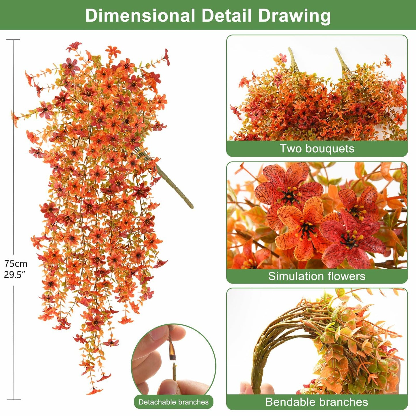 INQCMY Faux Mums Silk Flowers with Autumn Leaves Orange Red 2PCS Outdoor Decor