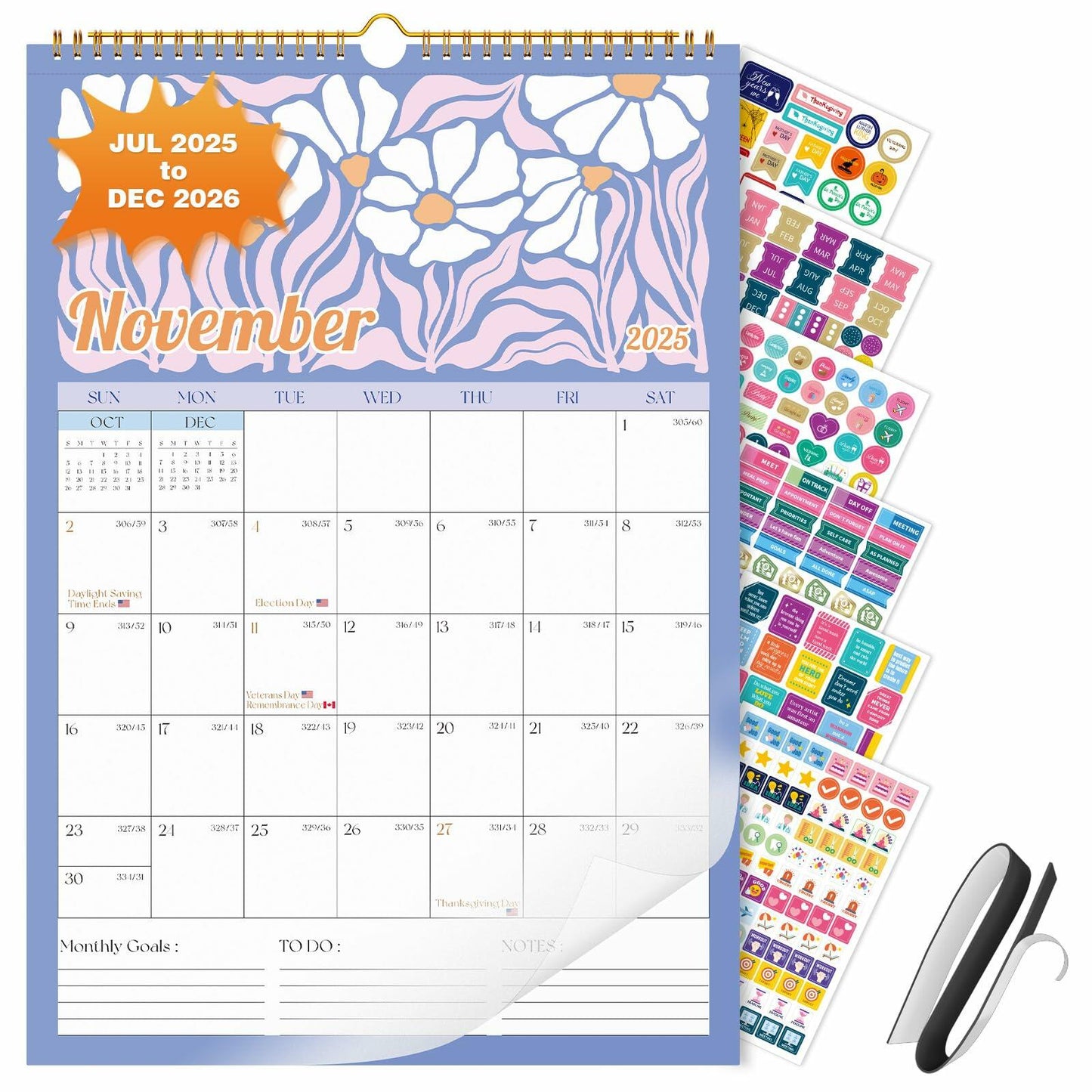 EYROZILL 2025 Wall Calendar Planner Spiral Bound 12x17 Marble Jul25-Dec26