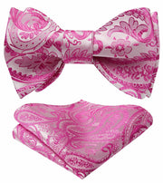 HISDERN Pink Floral Paisley Polyester Bow Tie & Pocket Square Set Size One Size