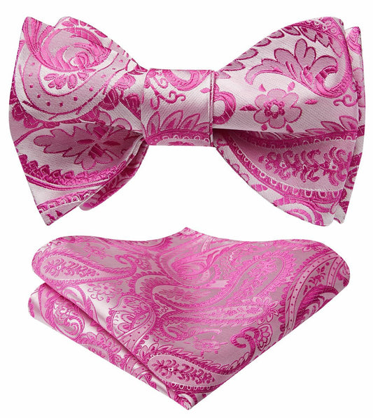 HISDERN Pink Floral Paisley Polyester Bow Tie & Pocket Square Set Size One Size