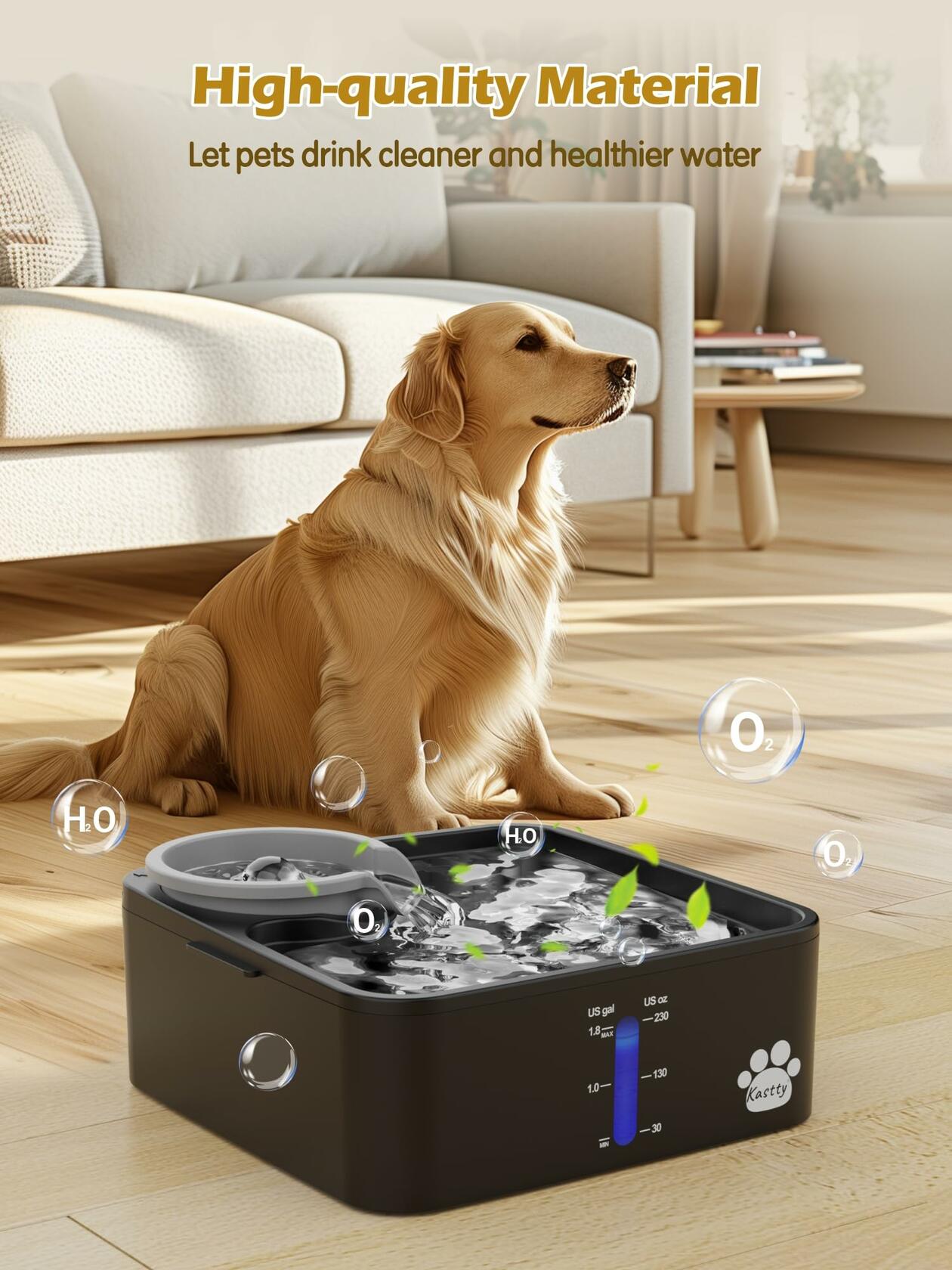 Kastty 2 Gallon Dog Water Fountain BPA-Free ABS Grey-Black with 5Filtration Pump
