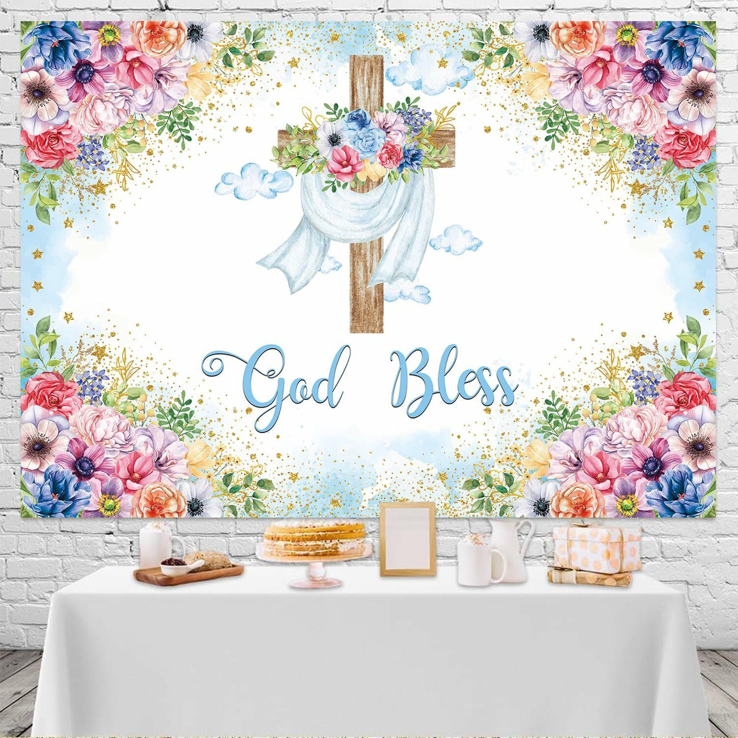 God Bless Backdrop Boy Blue Floral Baptism Party Decoration 7x5FT
