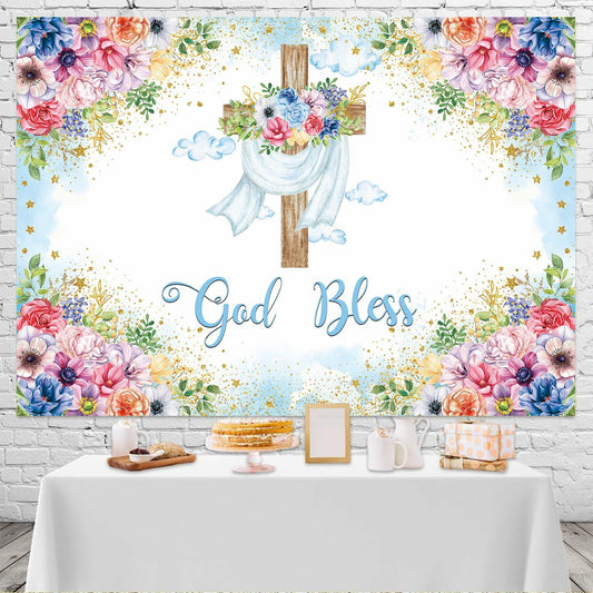 God Bless Backdrop Boy Blue Floral Baptism Party Decoration 7x5FT