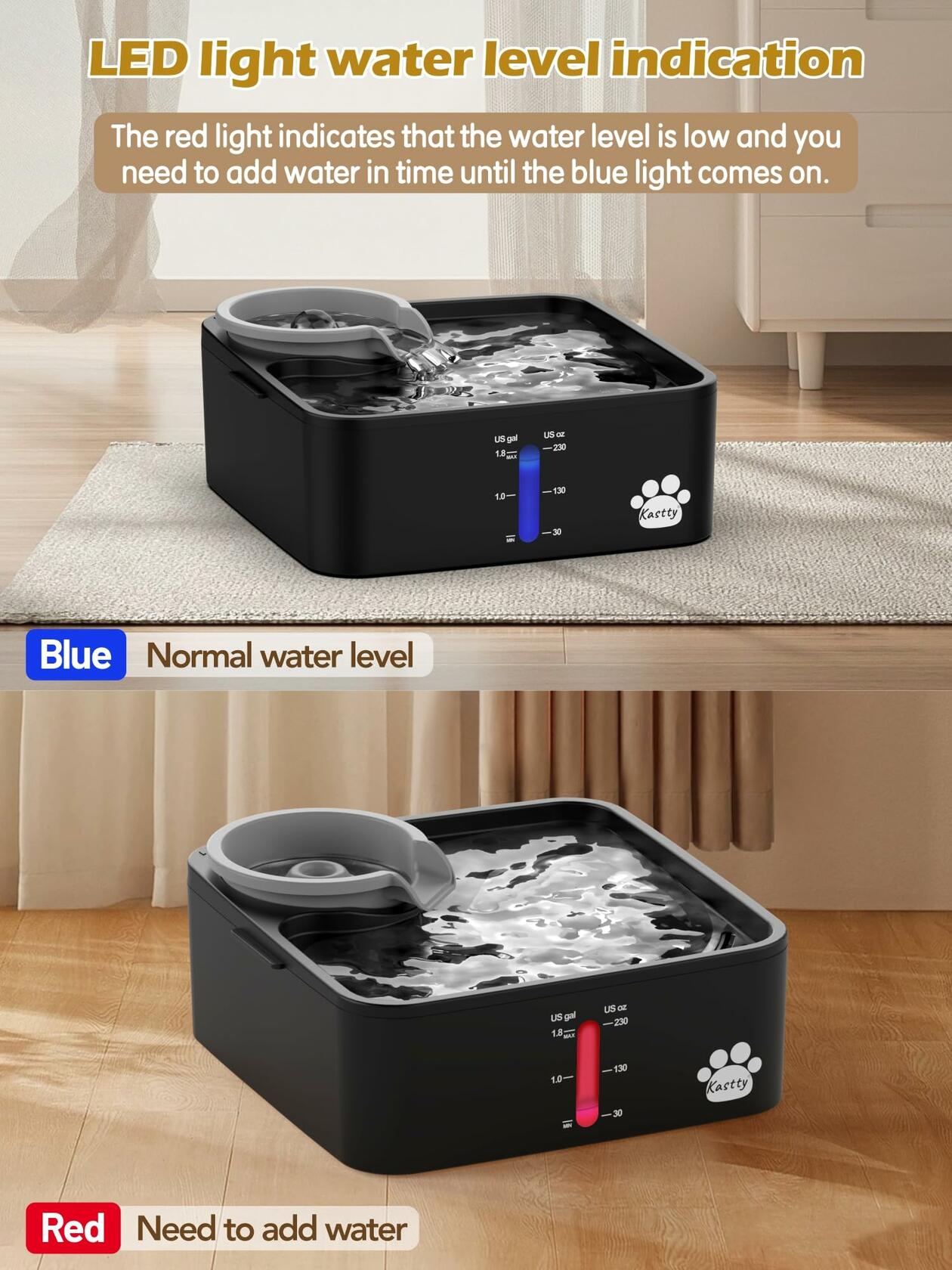 Kastty 2 Gallon Dog Water Fountain BPA-Free ABS Grey-Black with 5Filtration Pump