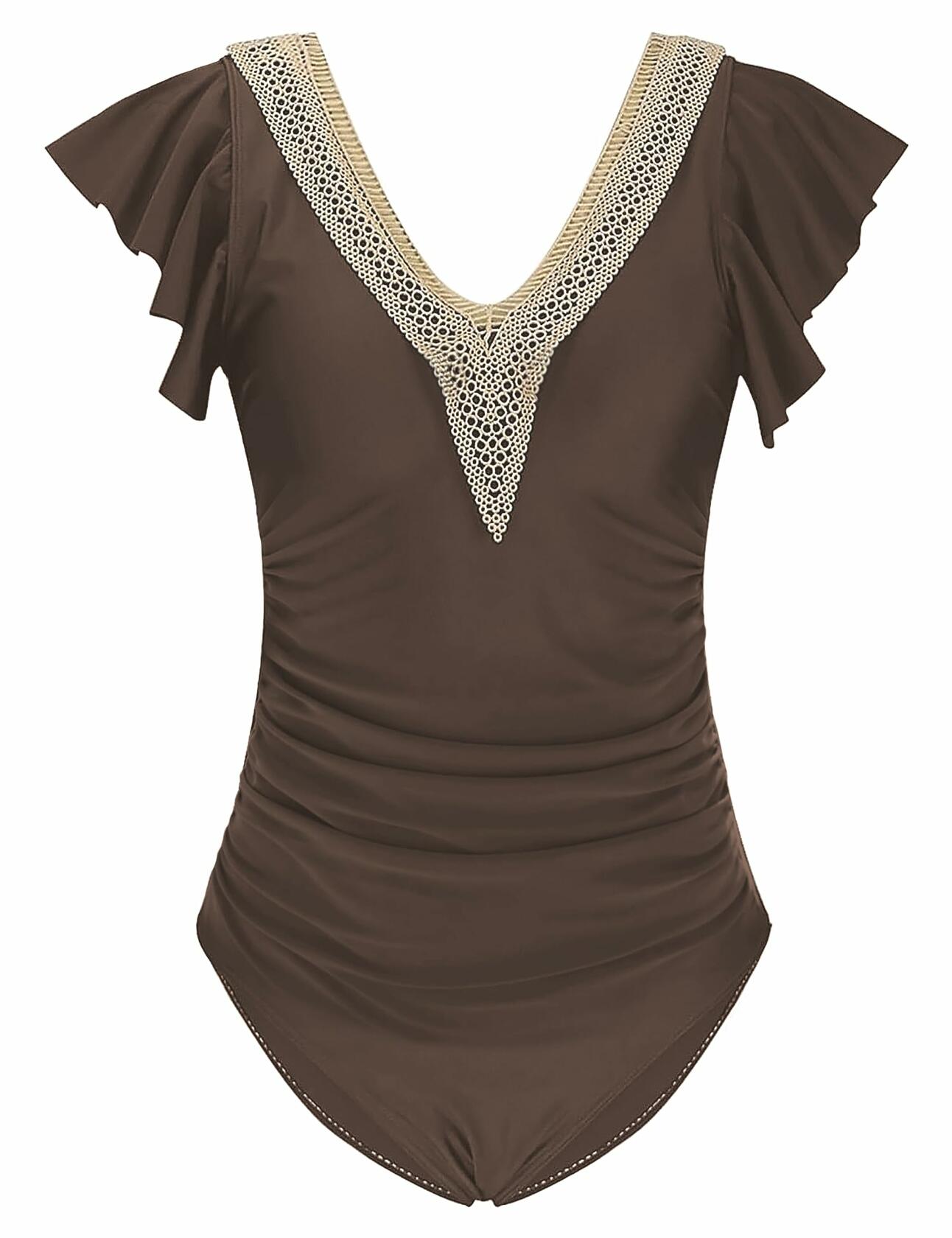 Buauty Womens One Piece Swimsuit Tummy Control Deep V Lace Ruffle Coffee Size XL