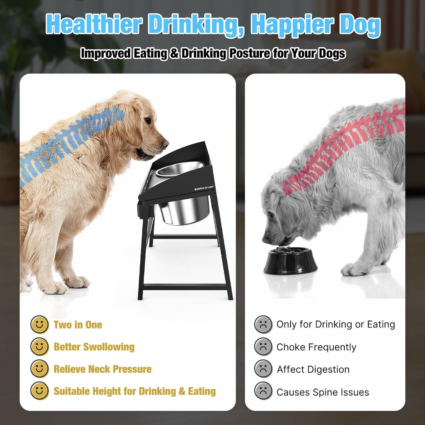 Bobbie & Laxi Elevated Dog Bowls Large Breed 15" Tall Metal Spill Proof Black