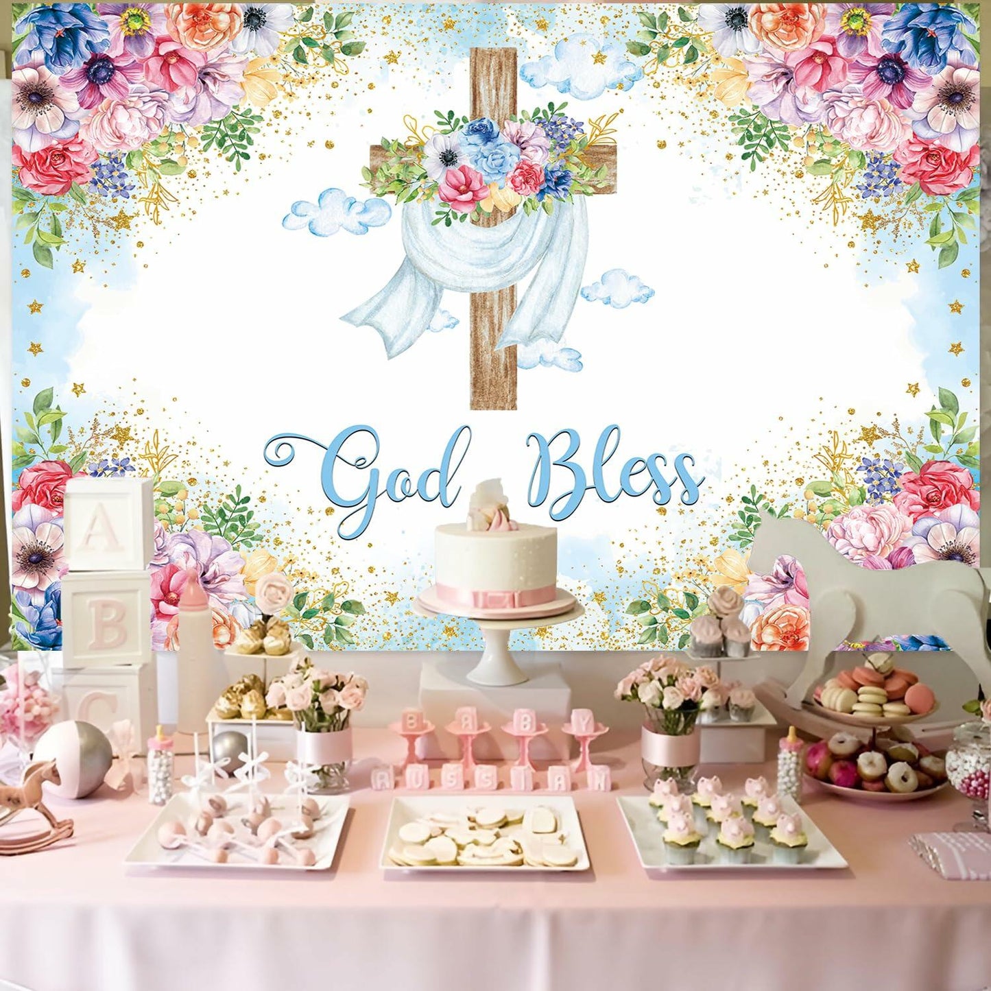 God Bless Backdrop Boy Blue Floral Baptism Party Decoration 7x5FT