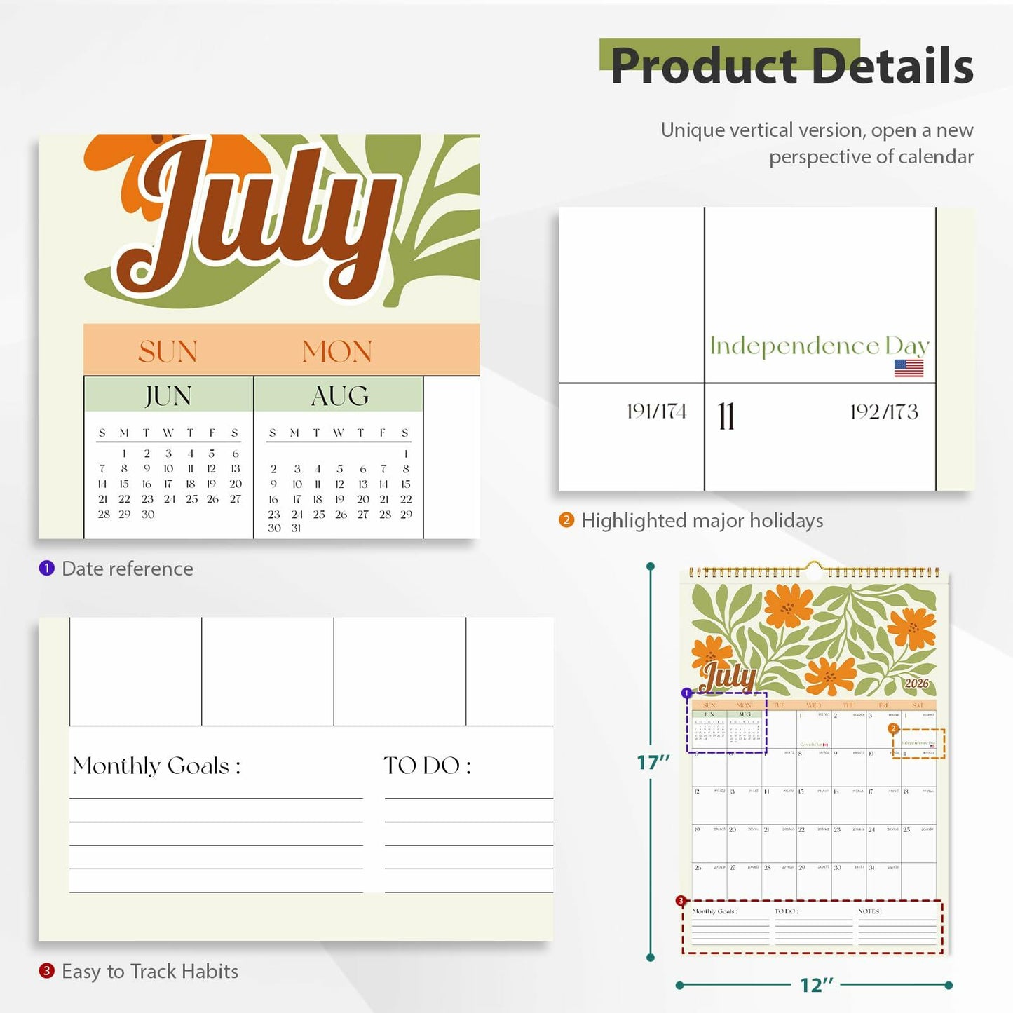 EYROZILL 2025 Wall Calendar Planner Spiral Bound 12x17 Marble Jul25-Dec26