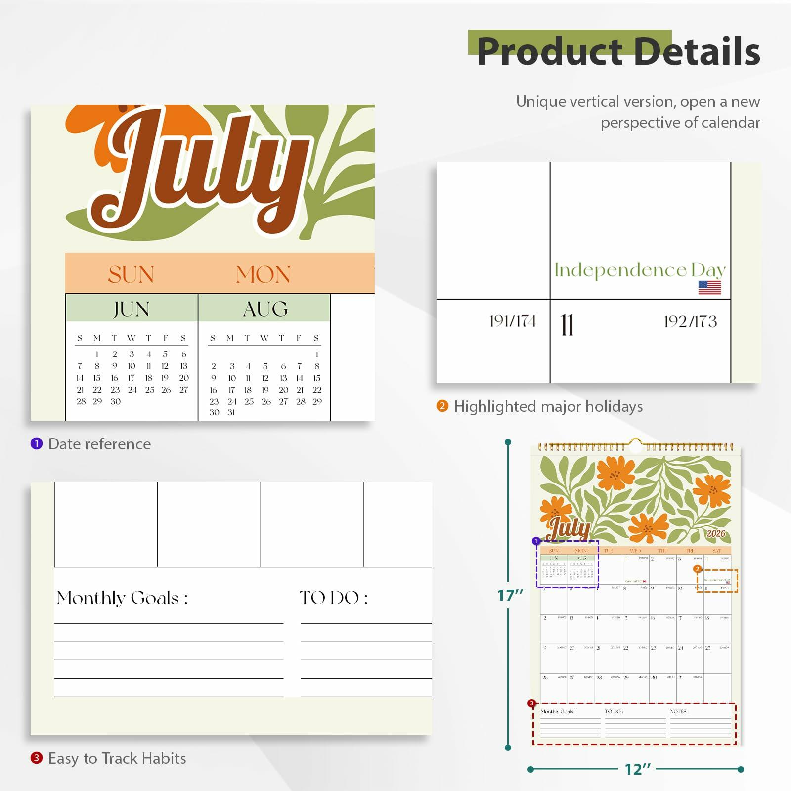 EYROZILL 2025 Wall Calendar Planner Spiral Bound 12x17 Marble Jul25-Dec26