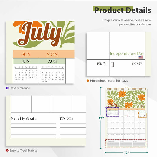 EYROZILL 2025 Wall Calendar Planner Spiral Bound 12x17 Marble Jul25-Dec26