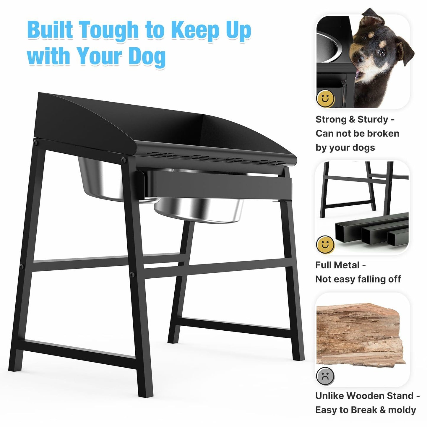 Bobbie & Laxi Elevated Dog Bowls Large Breed 15" Tall Metal Spill Proof Black