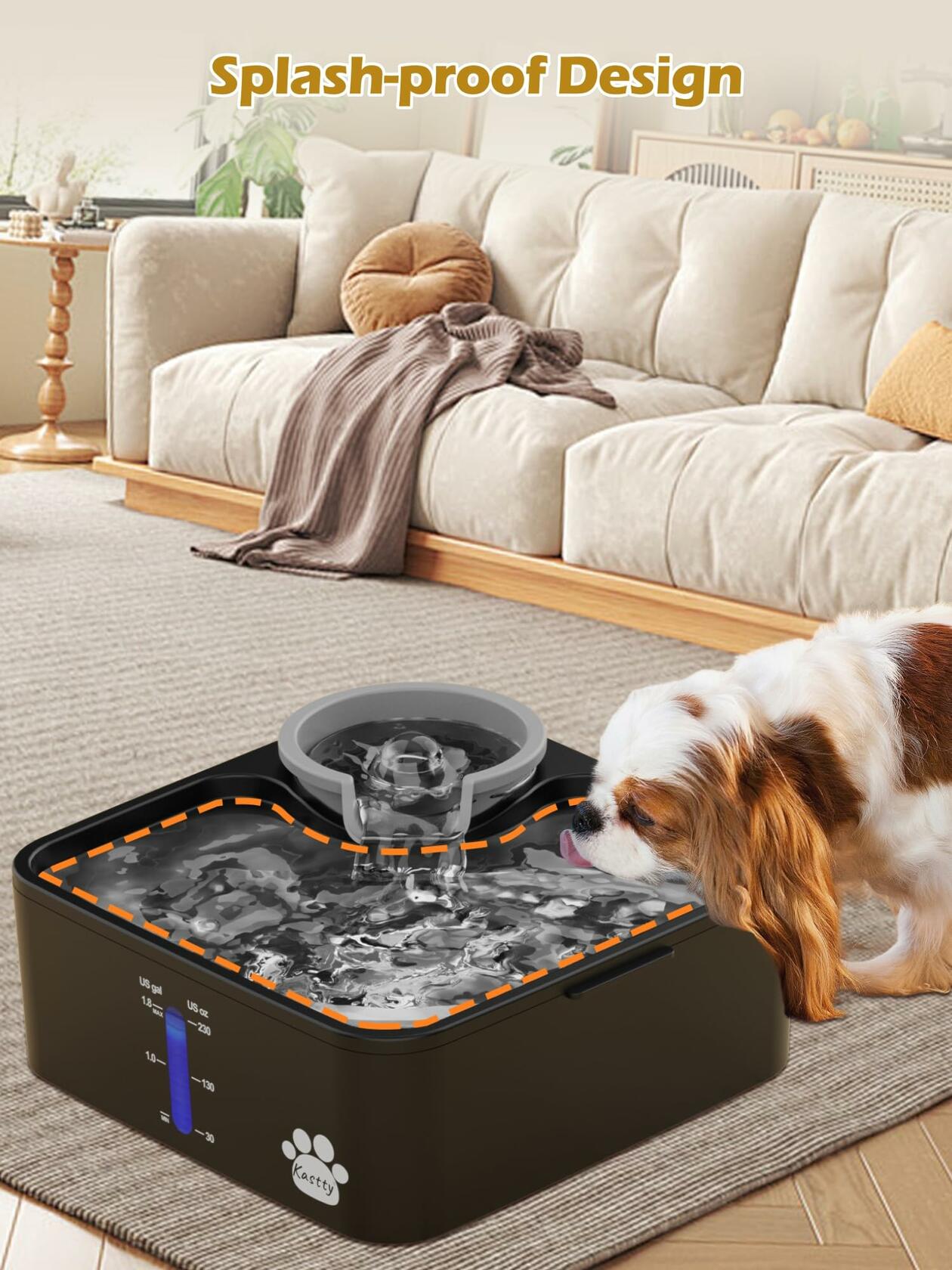 Kastty 2 Gallon Dog Water Fountain BPA-Free ABS Grey-Black with 5Filtration Pump