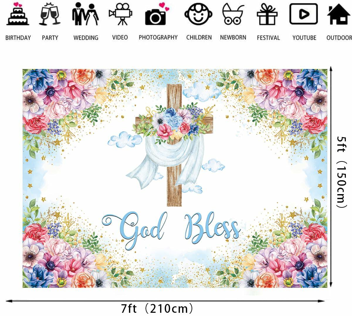 God Bless Backdrop Boy Blue Floral Baptism Party Decoration 7x5FT