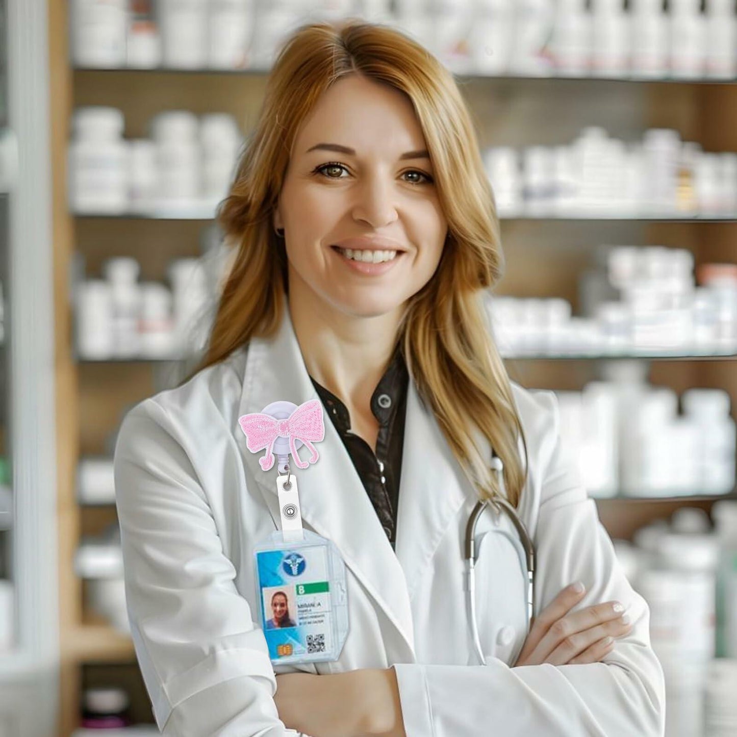 Kimoli Embroidery Pink Bow Nurse Badge Reel Retractable Pink Clip