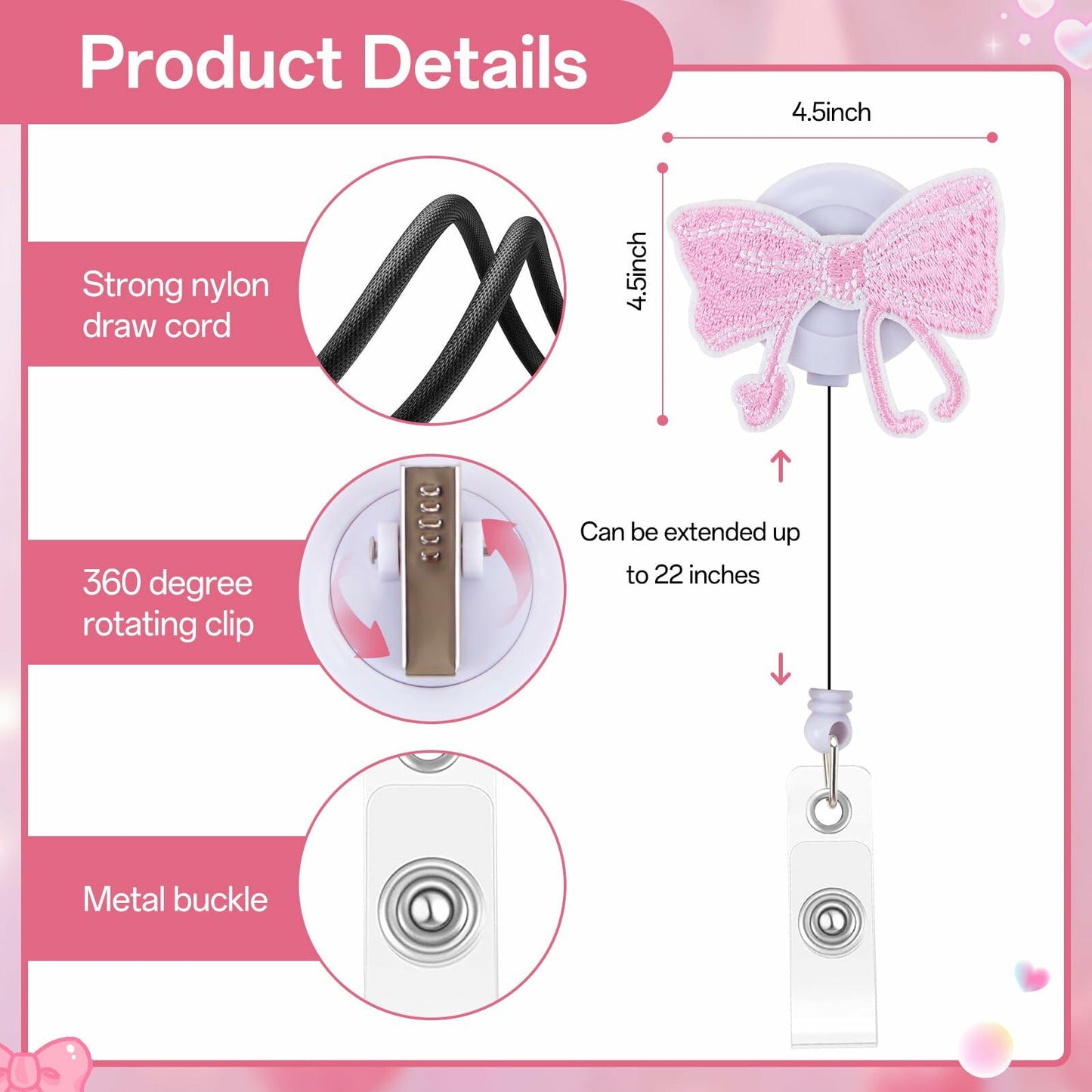 Kimoli Embroidery Pink Bow Nurse Badge Reel Retractable Pink Clip