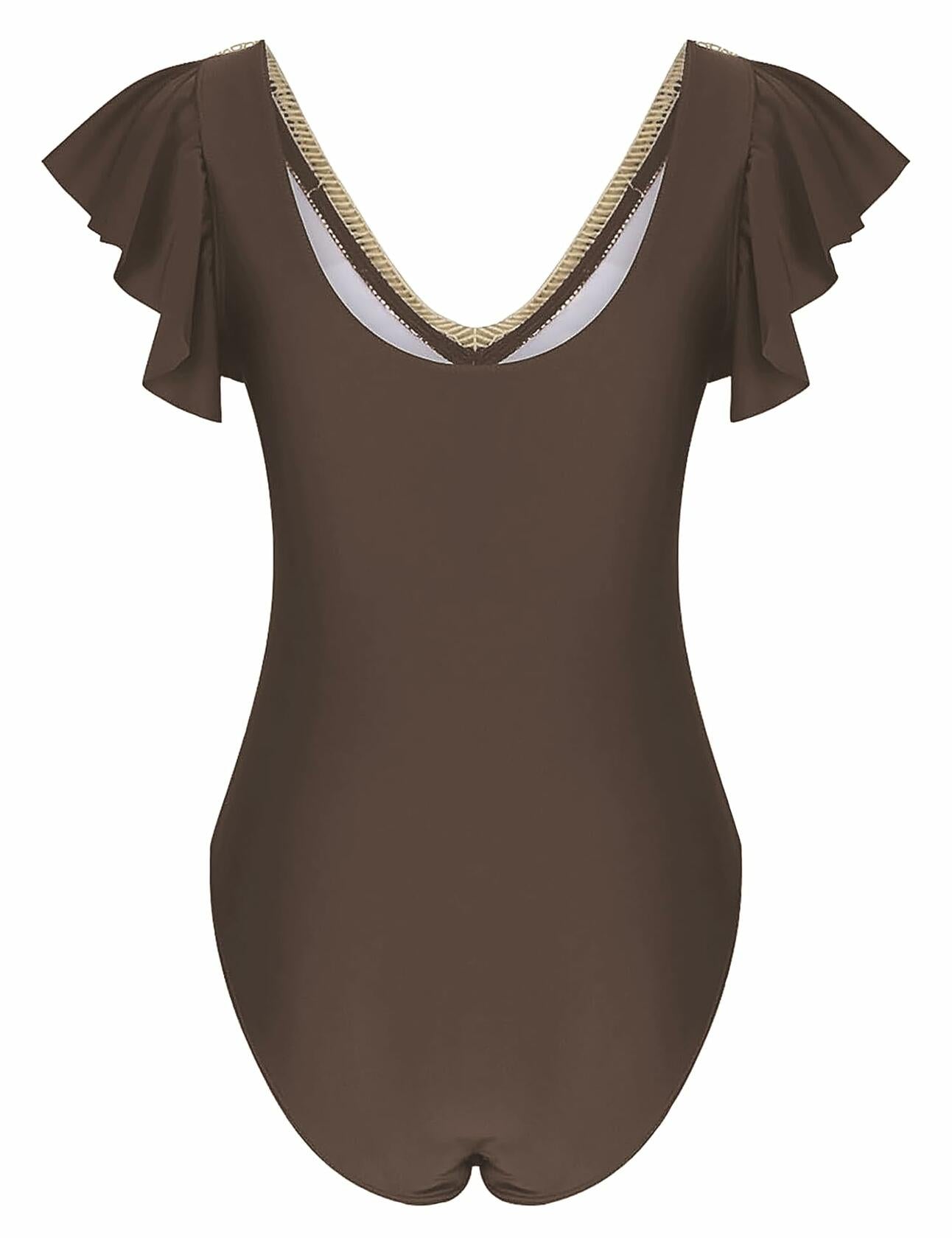 Buauty Womens One Piece Swimsuit Tummy Control Deep V Lace Ruffle Coffee Size XL