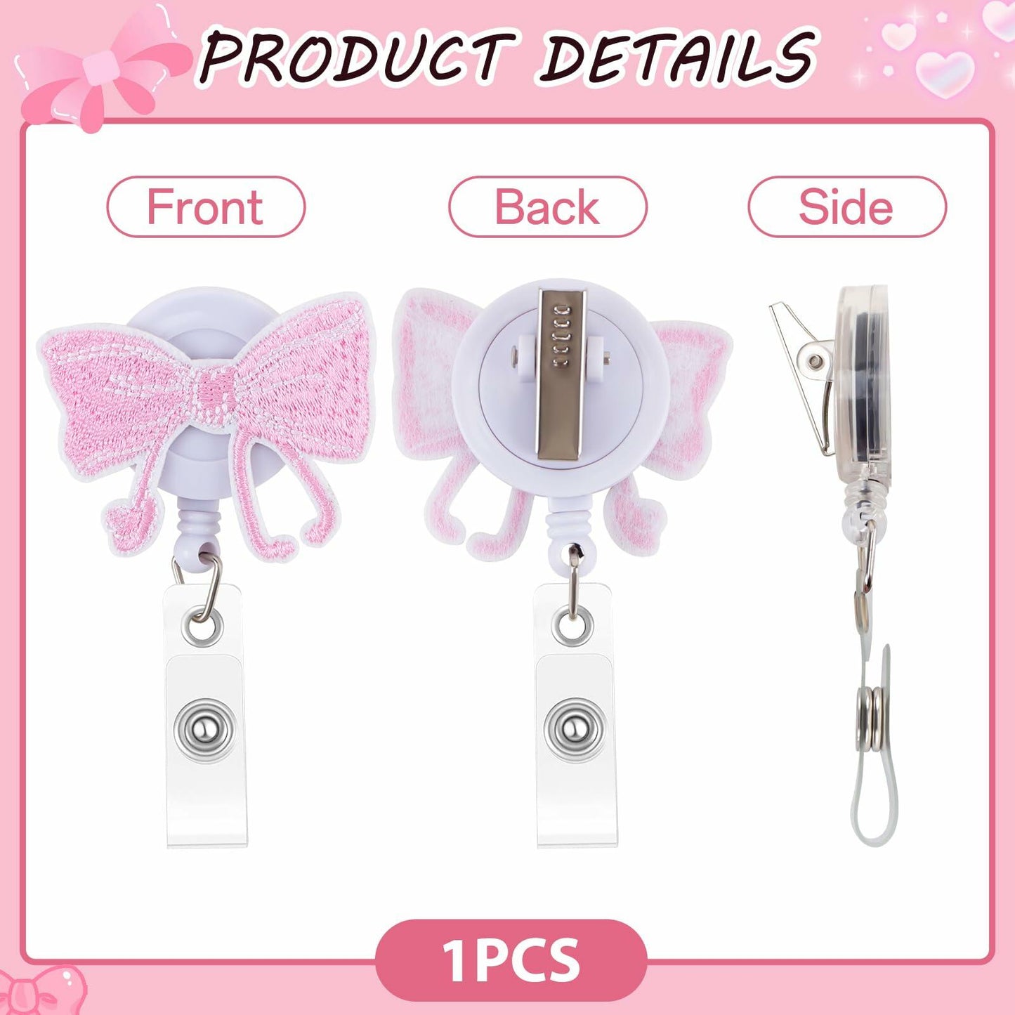 Kimoli Embroidery Pink Bow Nurse Badge Reel Retractable Pink Clip