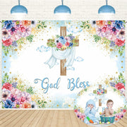 God Bless Backdrop Boy Blue Floral Baptism Party Decoration 7x5FT