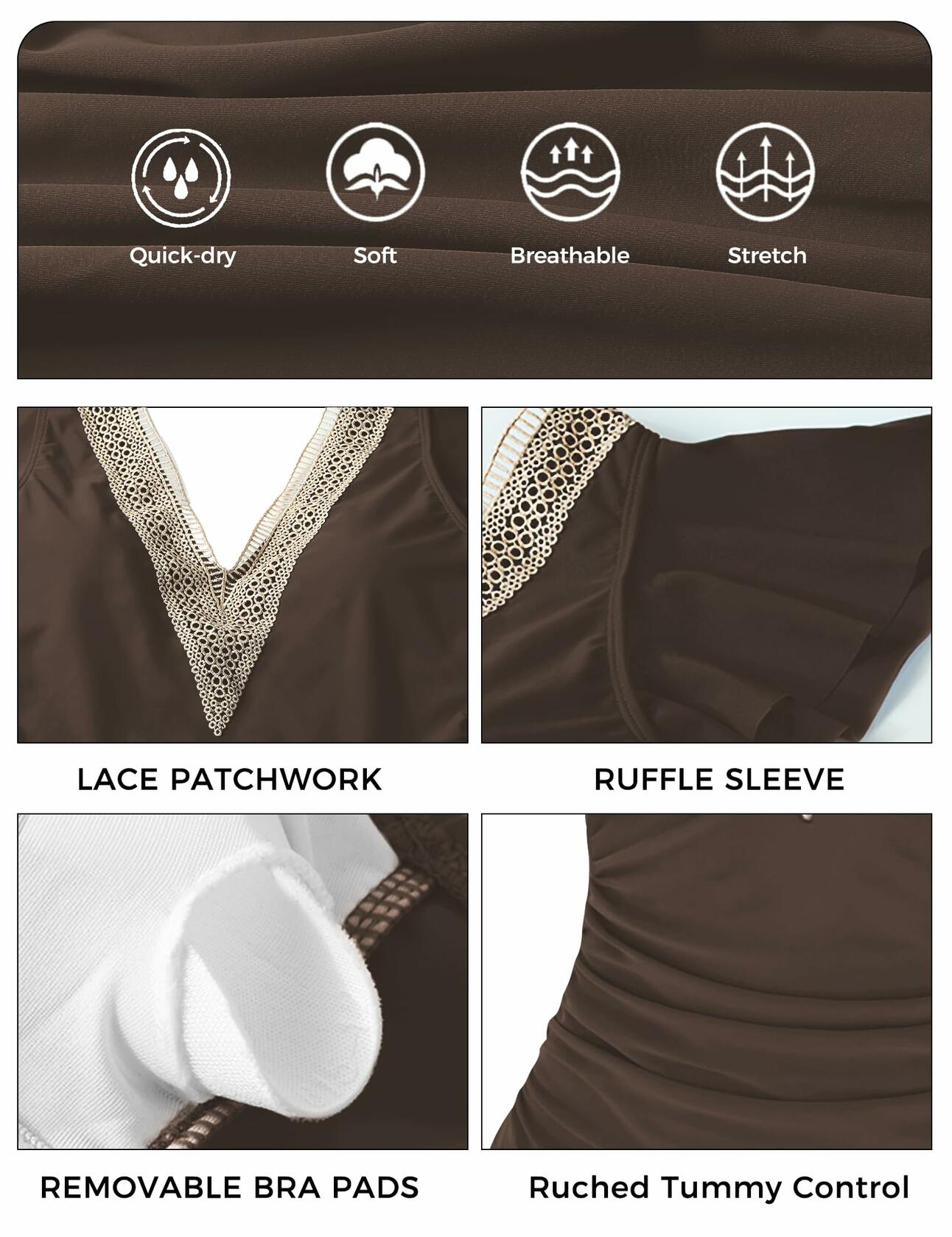 Buauty Womens One Piece Swimsuit Tummy Control Deep V Lace Ruffle Coffee Size XL