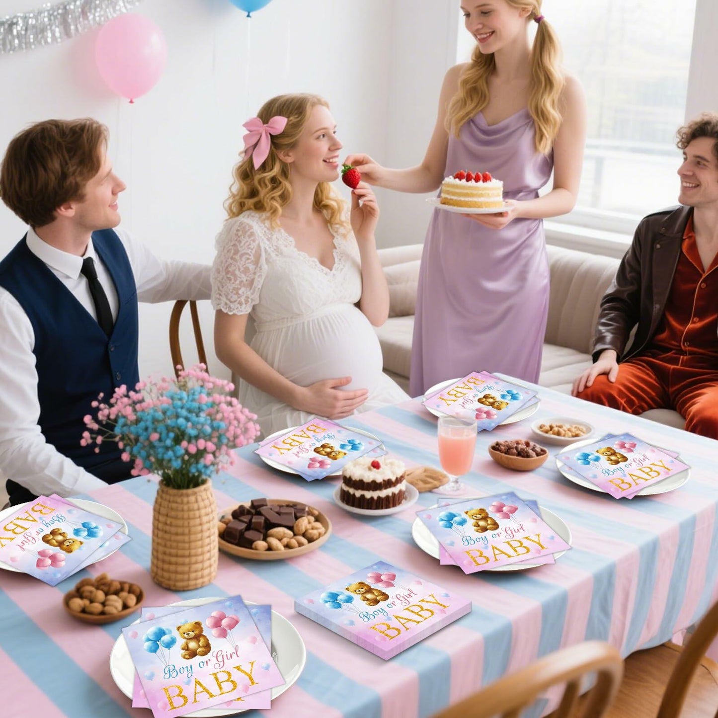 Litmitfu Baby Gender Reveal Napkins 3-Ply Bear Pink Blue 40 Pcs