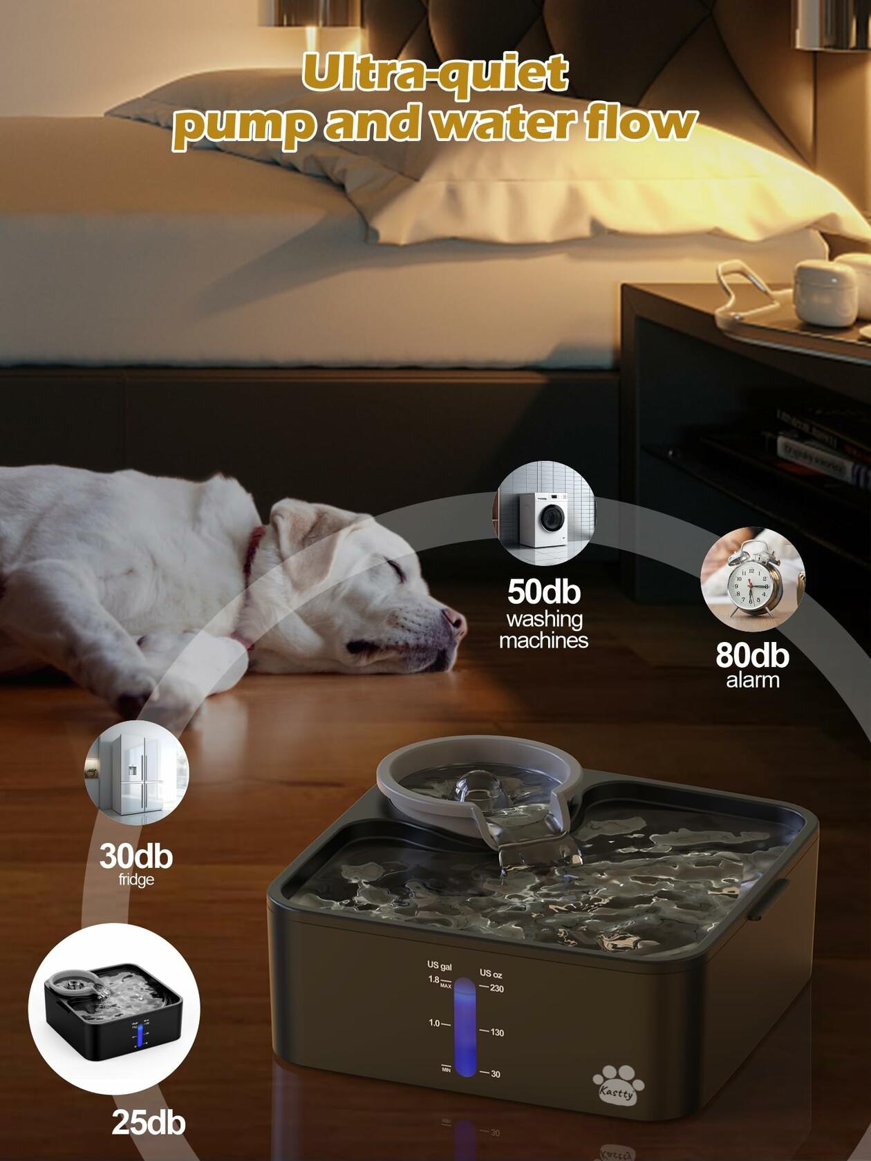 Kastty 2 Gallon Dog Water Fountain BPA-Free ABS Grey-Black with 5Filtration Pump