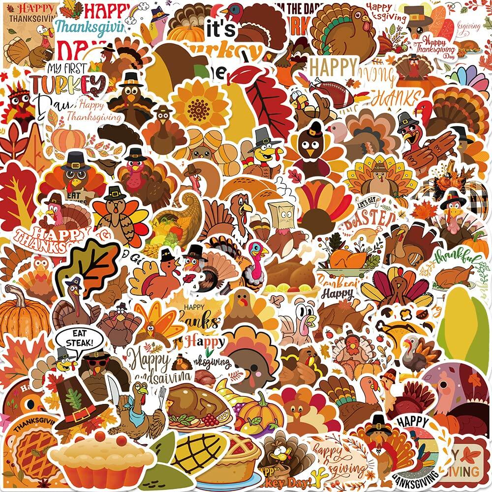 QQUK Thanksgiving Pumpkin Stickers Pack 100 Pcs Waterproof Brown Fall Decals