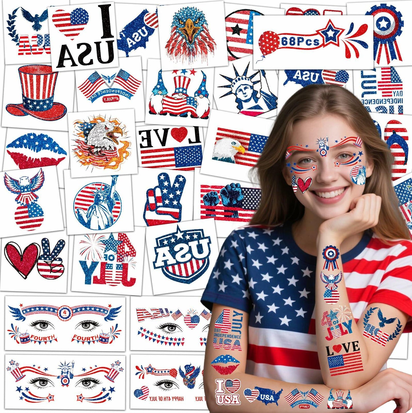 eboozone 4th of July Temporary Tattoos 68pcs Patriotic USA Flag Red/Blue
