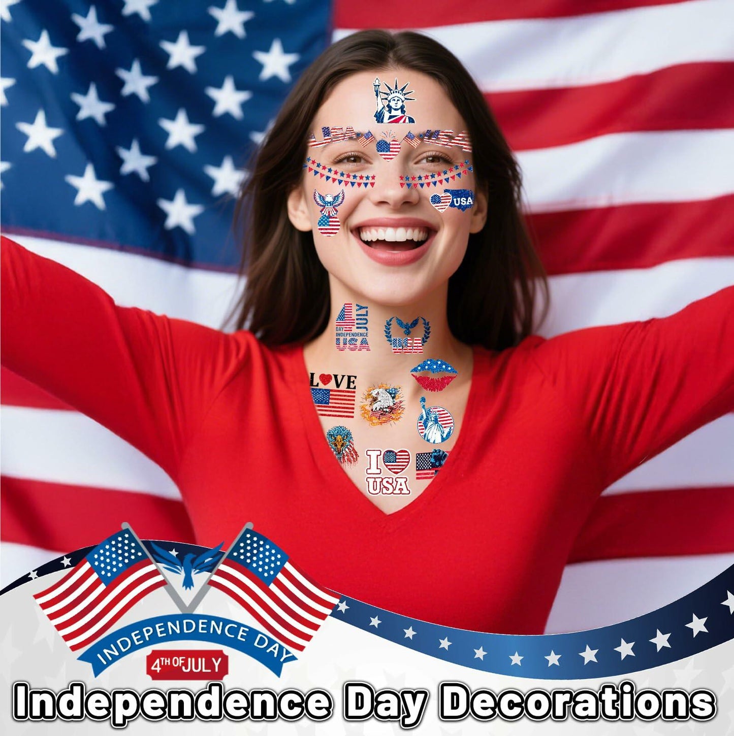 eboozone 4th of July Temporary Tattoos 68pcs Patriotic USA Flag Red/Blue