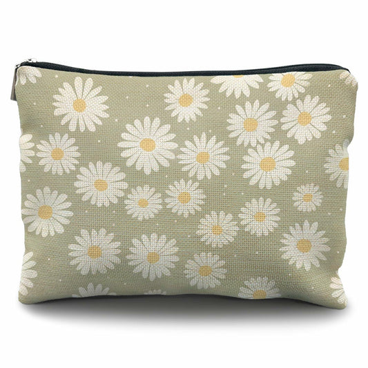 Likjad Sage Green Linen Cosmetic Bag Daisy Decor